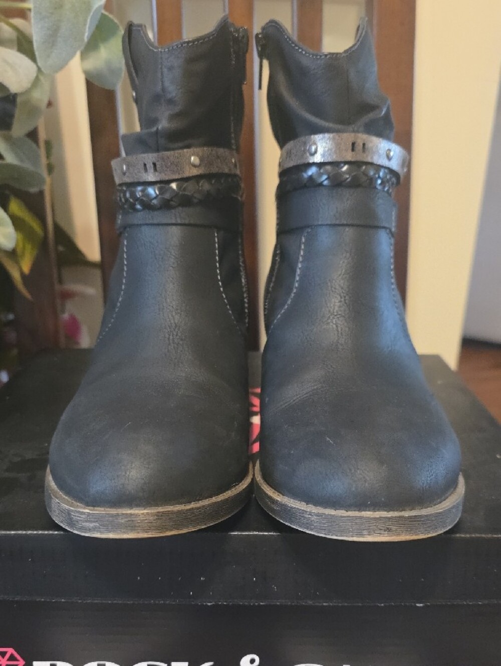 Rock & Candy Black Studded Strap Low Heel Ankle Boots - Picture 5 of 8